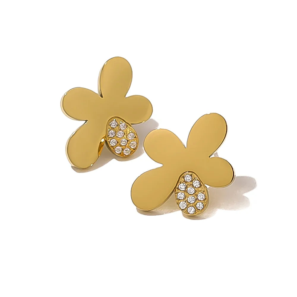 1 Pair Simple Style Classic Style Flower Petal Polishing Plating Inlay 304 Stainless Steel Rhinestones 18K Gold Plated Ear Studs