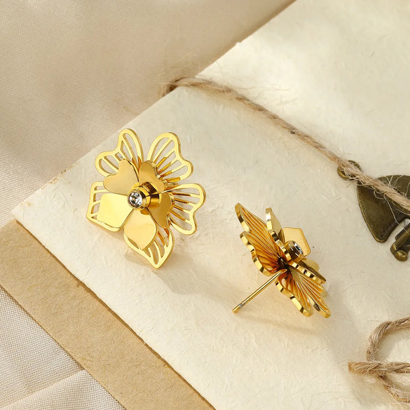 1 Pair Simple Style Classic Style Flower Plating Inlay 304 Stainless Steel Zircon 18K Gold Plated Ear Studs
