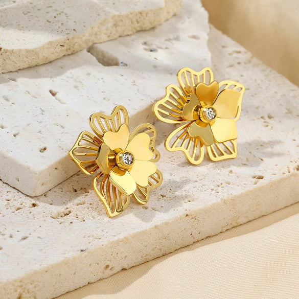 1 Pair Simple Style Classic Style Flower Plating Inlay 304 Stainless Steel Zircon 18K Gold Plated Ear Studs