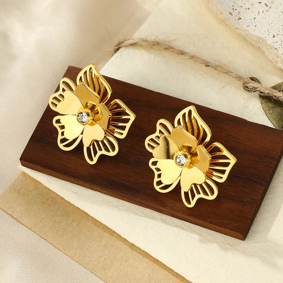 1 Pair Simple Style Classic Style Flower Plating Inlay 304 Stainless Steel Zircon 18K Gold Plated Ear Studs
