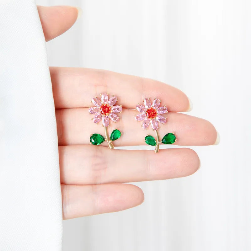 1 Pair Simple Style Classic Style Flower Plating Inlay Copper Zircon 18k Gold Plated Ear Studs