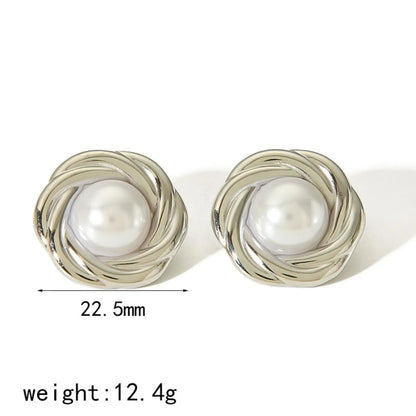 1 Pair Simple Style Classic Style Geometric Polishing Plating 304 Stainless Steel Artificial Pearls Natural Stone 18K Gold Plated Ear Studs