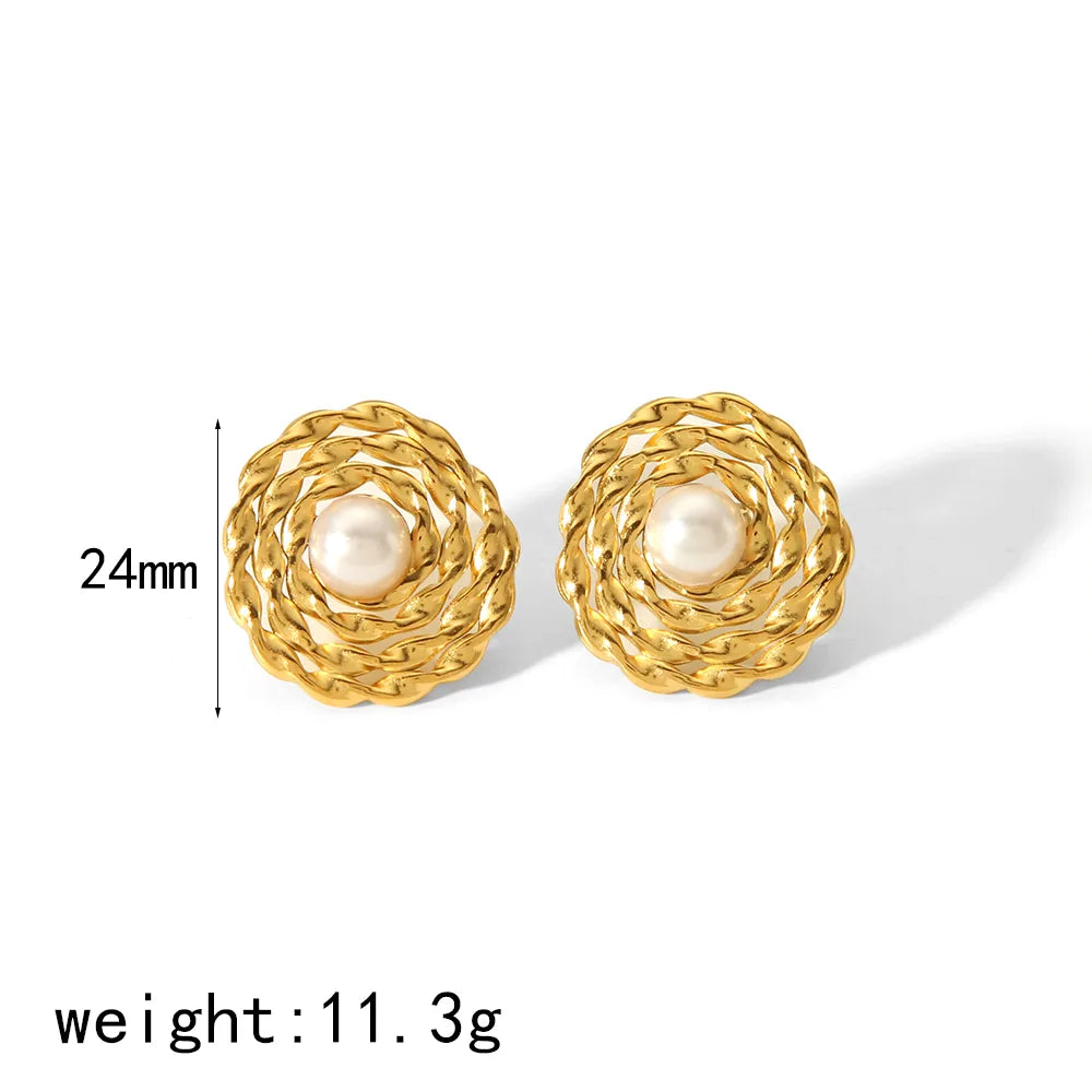 1 Pair Simple Style Classic Style Geometric Polishing Plating Inlay 304 Stainless Steel Natural Stone 18K Gold Plated Ear Studs