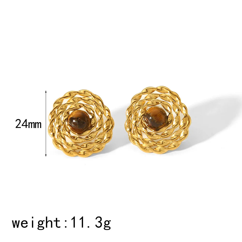 1 Pair Simple Style Classic Style Geometric Polishing Plating Inlay 304 Stainless Steel Natural Stone 18K Gold Plated Ear Studs