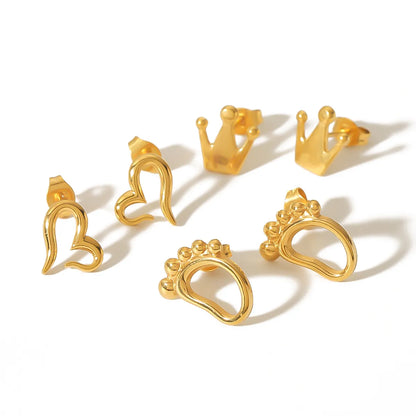 1 Pair Simple Style Classic Style Heart Shape Crown Foot Polishing Plating 304 Stainless Steel 18K Gold Plated Ear Studs