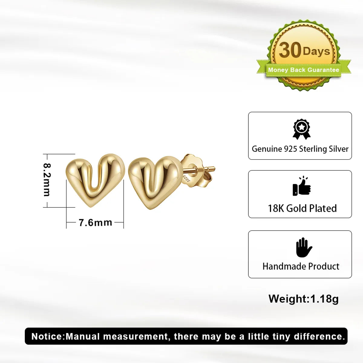 1 Pair Simple Style Classic Style Heart Shape Plating Sterling Silver 18k Gold Plated White Gold Plated Ear Studs