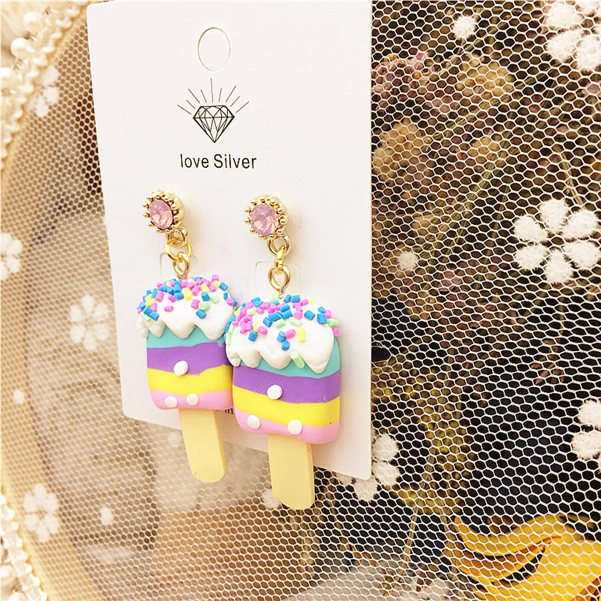 1 Pair Simple Style Classic Style Ice Cream Inlay Plastic Resin Rhinestones Drop Earrings