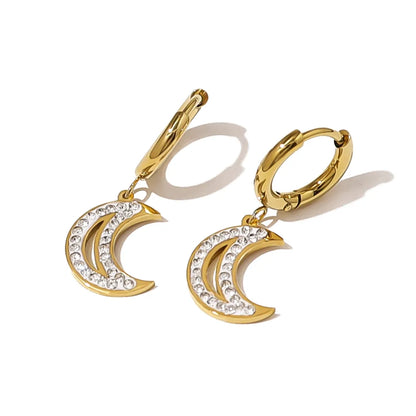 1 Pair Simple Style Classic Style Moon Plating Inlay 304 Stainless Steel Zircon 18K Gold Plated Drop Earrings