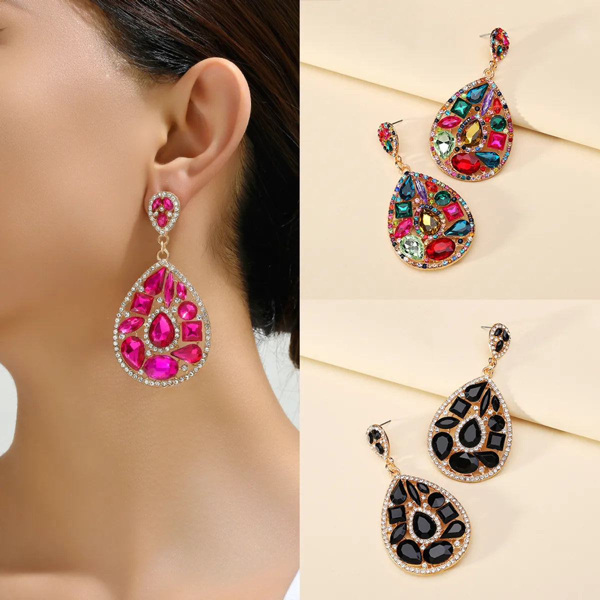 1 Pair Simple Style Classic Style Oval Plating Inlay Zinc Alloy Glass Dangling Earrings