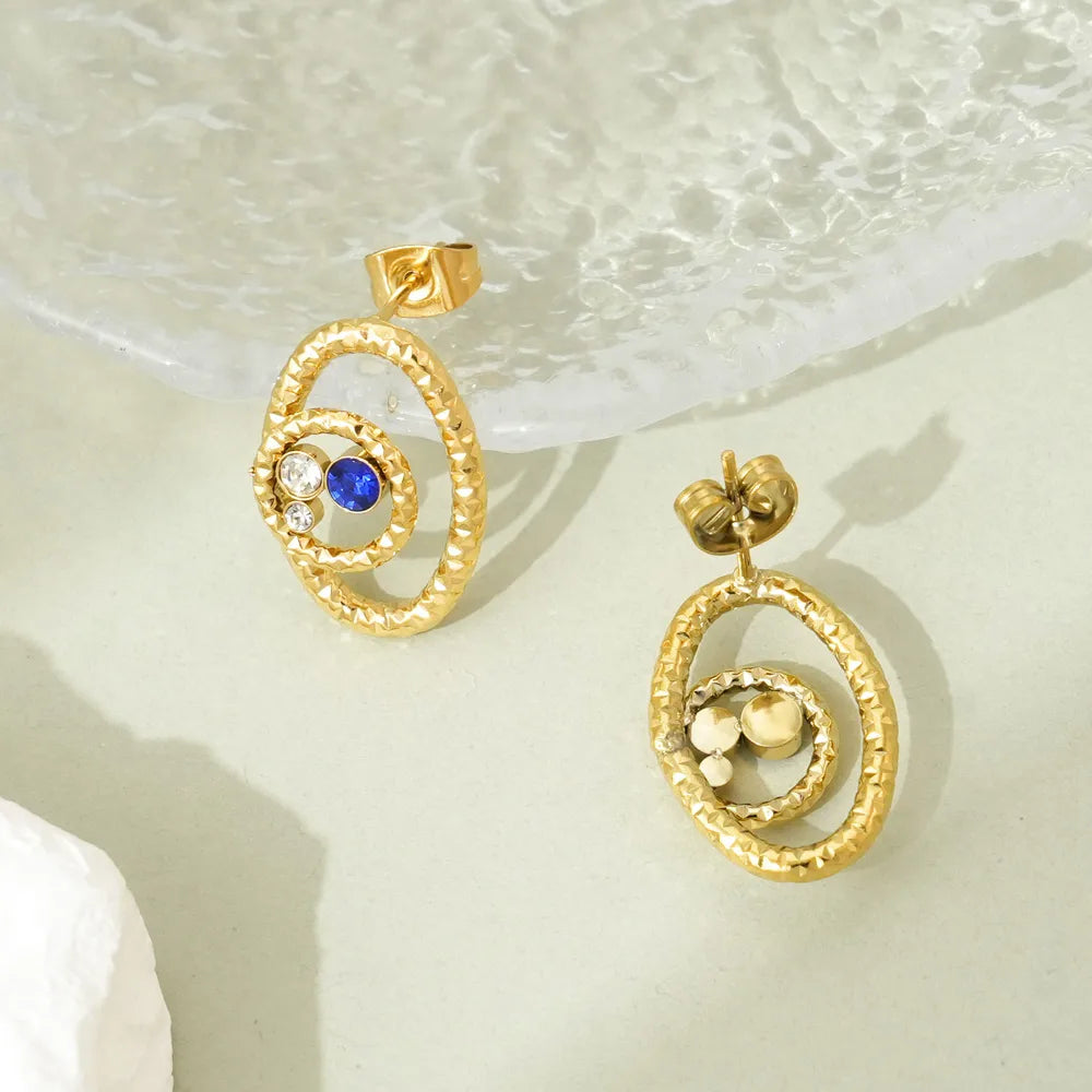 1 Pair Simple Style Classic Style Oval Polishing Plating Inlay 304 Stainless Steel Zircon 14K Gold Plated Ear Studs