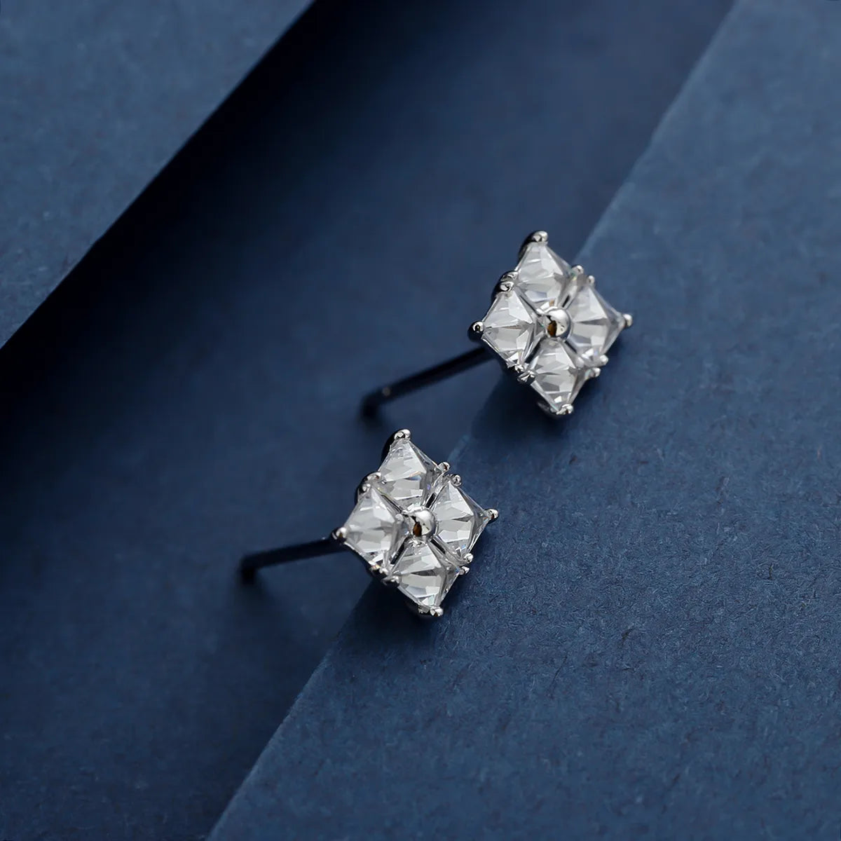 1 Pair Simple Style Classic Style Rhombus Inlay Sterling Silver Zircon 14K Gold Plated Ear Studs