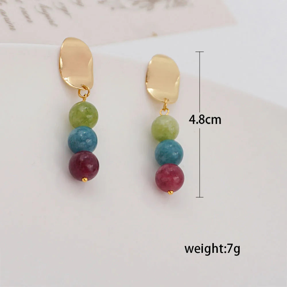 1 Pair Simple Style Classic Style Round Beaded Stone Copper Gold Plated Drop Earrings