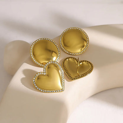 1 Pair Simple Style Classic Style Round Heart Shape Polishing Plating 304 Stainless Steel Rhinestones 18K Gold Plated Drop Earrings