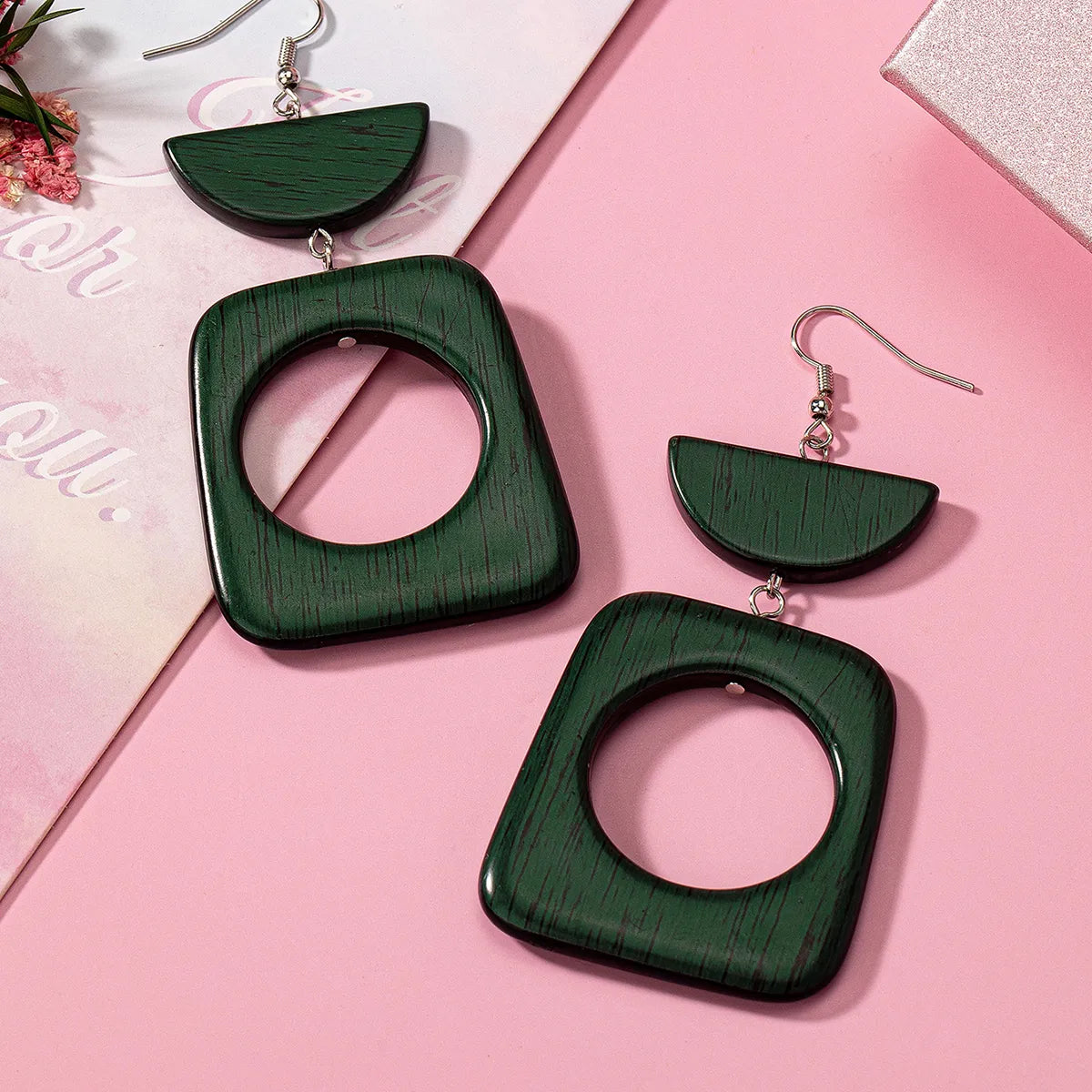 1 Pair Simple Style Classic Style Semicircle Rectangle Hollow Out Wood Drop Earrings