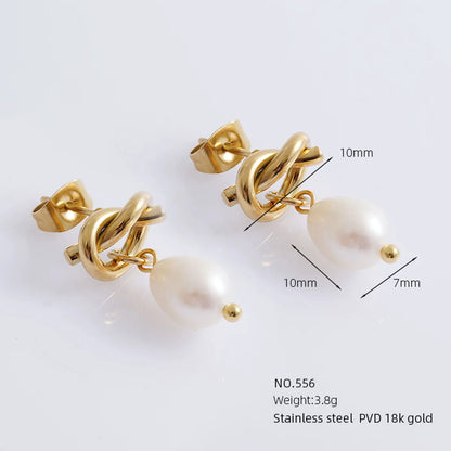 1 Pair Simple Style Classic Style Solid Color Plating Inlay 304 Stainless Steel Artificial Pearls Natural Stone 18K Gold Plated Ear Studs