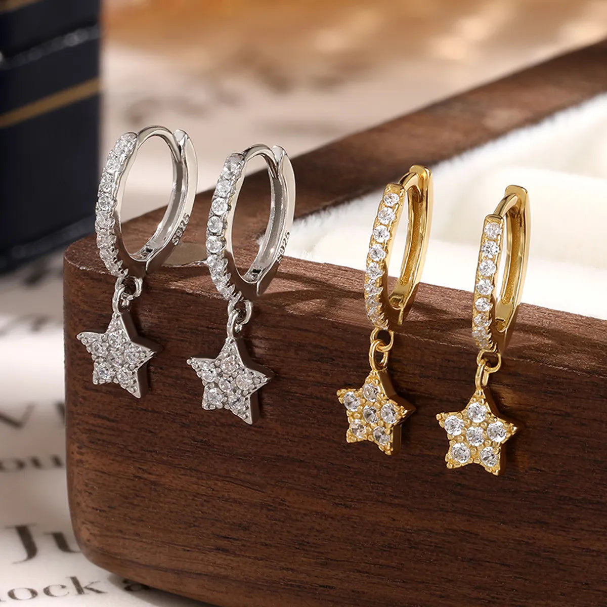 1 Pair Simple Style Classic Style Star Plating Inlay Sterling Silver Zircon 18k Gold Plated Rhodium Plated Drop Earrings