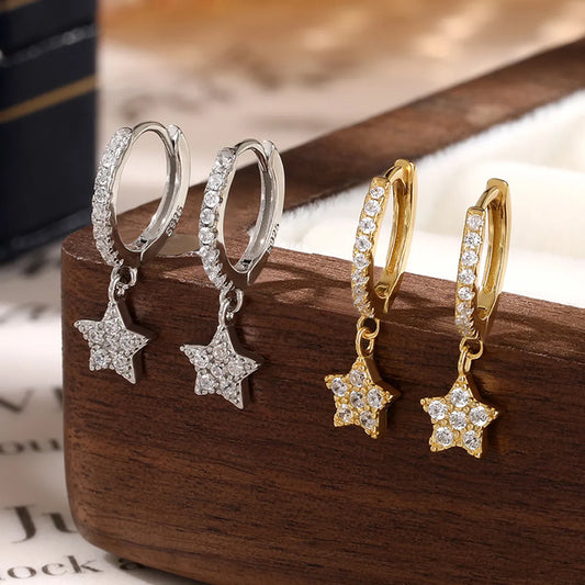 1 Pair Simple Style Classic Style Star Plating Inlay Sterling Silver Zircon 18k Gold Plated Rhodium Plated Drop Earrings