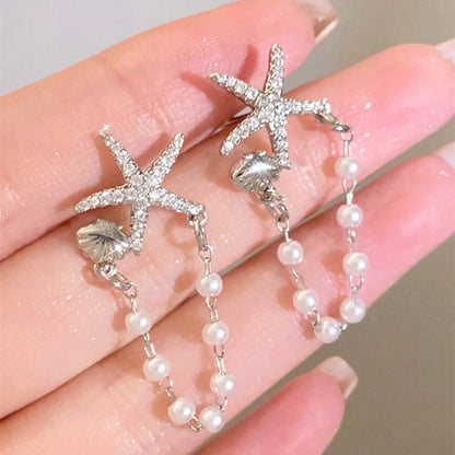 1 Pair Simple Style Classic Style Starfish Inlay Zinc Alloy Pearl Zircon Drop Earrings