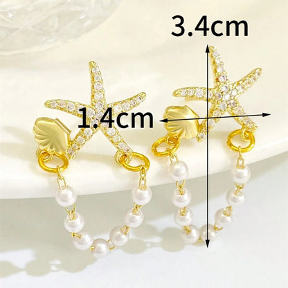 1 Pair Simple Style Classic Style Starfish Inlay Zinc Alloy Pearl Zircon Drop Earrings