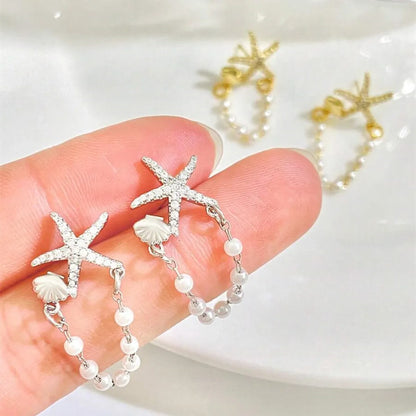 1 Pair Simple Style Classic Style Starfish Inlay Zinc Alloy Pearl Zircon Drop Earrings