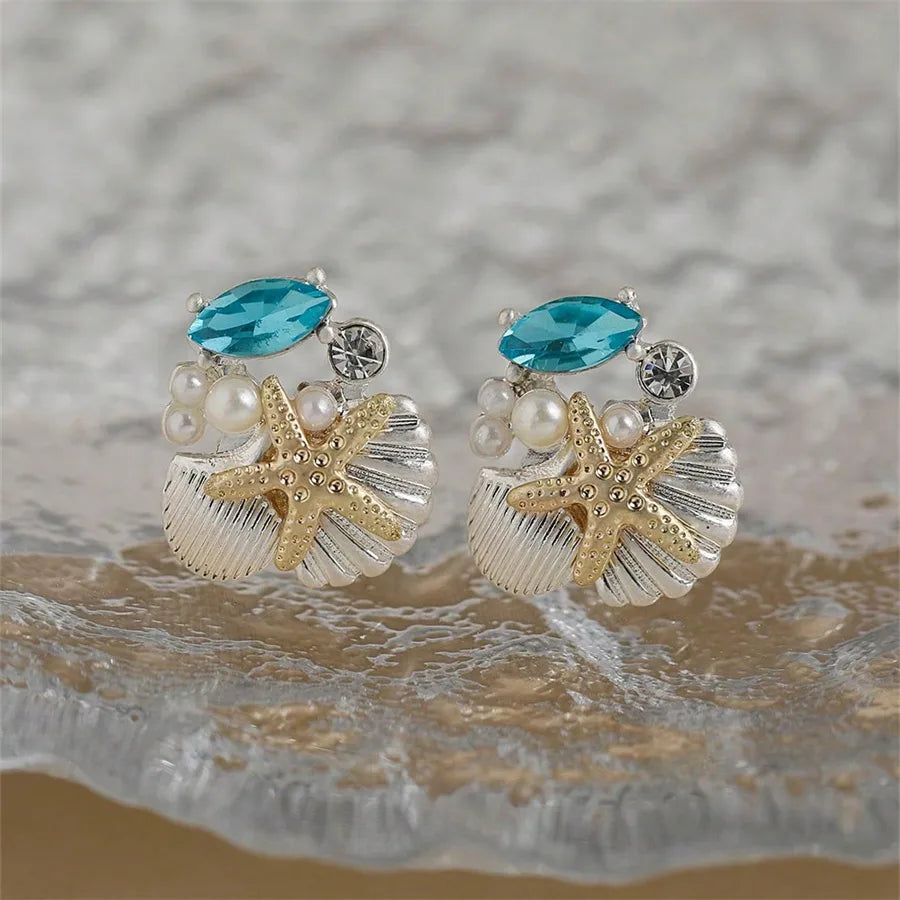 1 Pair Simple Style Classic Style Starfish Inlay Zinc Alloy Pearl Zircon 14K Gold Plated Ear Studs