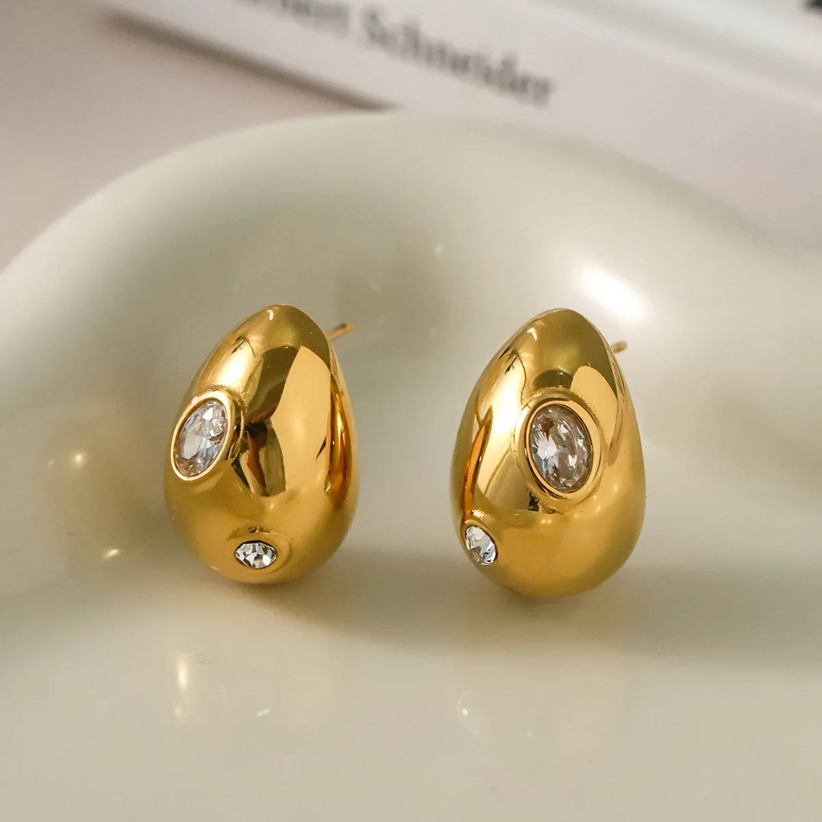 1 Pair Simple Style Classic Style Water Droplets Plating Inlay 316 Stainless Steel  Zircon 18K Gold Plated Ear Studs