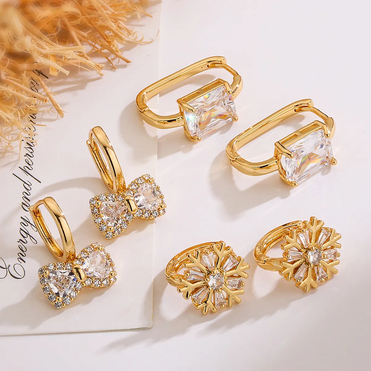 1 Pair Simple Style Commute Bow Knot Rectangle Snowflake Plating Inlay Copper Zircon 18k Gold Plated Earrings