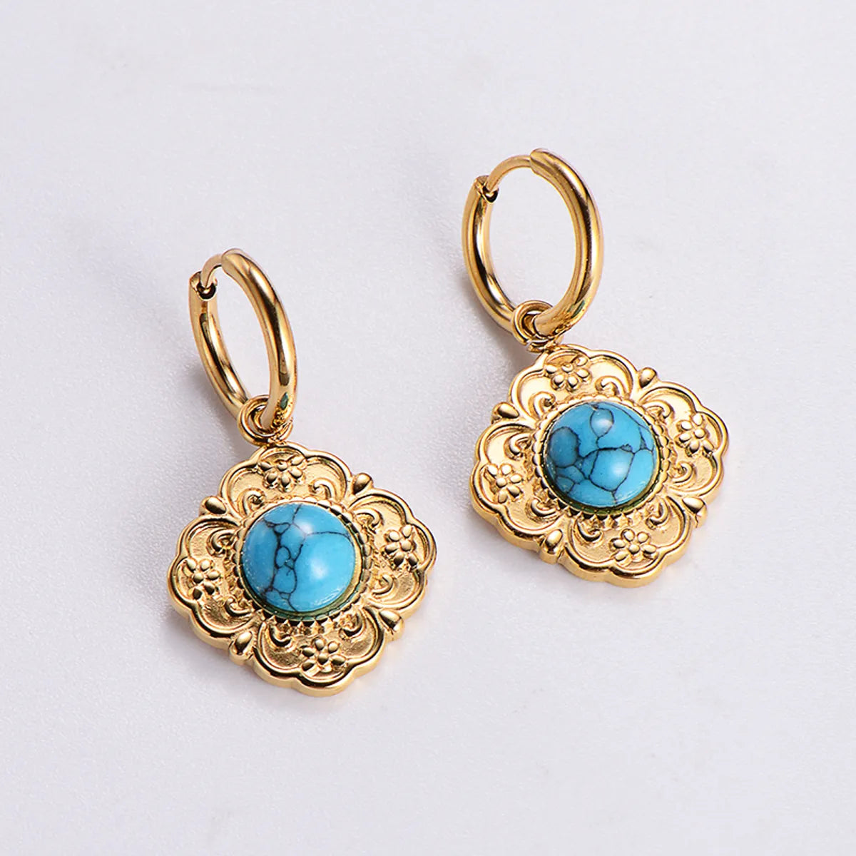 1 Pair Simple Style Commute Color Block Plating Inlay 304 Stainless Steel Turquoise Zircon 18K Gold Plated Ear Studs