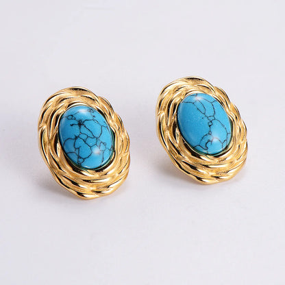 1 Pair Simple Style Commute Color Block Plating Inlay 304 Stainless Steel Turquoise Zircon 18K Gold Plated Ear Studs