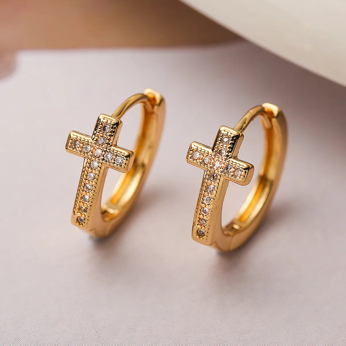 1 Pair Simple Style Commute Cross Crown Copper Plating Inlay Zircon 18k Gold Plated Hoop Earrings