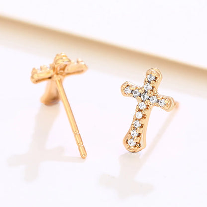 1 Pair Xuping Simple Style Commute Cross Plating Inlay Alloy Artificial Gemstones 18k Gold Plated Ear Studs