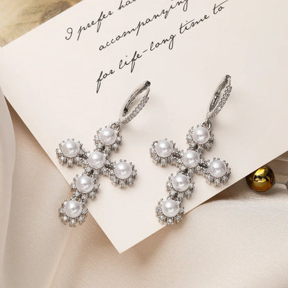 1 Pair Simple Style Commute Cross Plating Inlay Copper Artificial Pearls Zircon 18k Gold Plated Drop Earrings