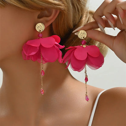 1 Pair Simple Style Commute Flower Alloy Polyester Glass Drop Earrings