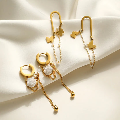 1 Pair Simple Style Commute Flower Butterfly Plating Inlay Titanium Steel Artificial Pearls 18k Gold Plated Drop Earrings