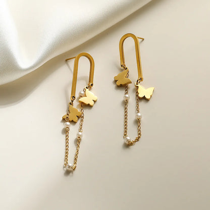 1 Pair Simple Style Commute Flower Butterfly Plating Inlay Titanium Steel Artificial Pearls 18k Gold Plated Drop Earrings