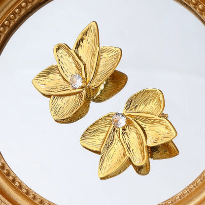 1 Pair Simple Style Commute Flower Inlay 304 Stainless Steel Zircon 18K Gold Plated Ear Studs