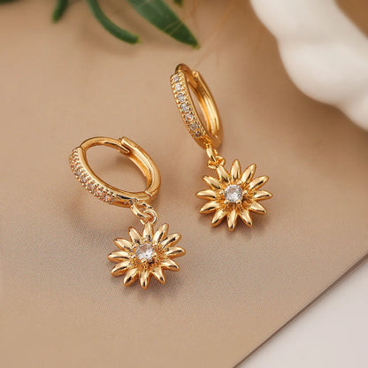 1 Pair Simple Style Commute Flower Inlay Copper Zircon 18K Gold Plated Drop Earrings