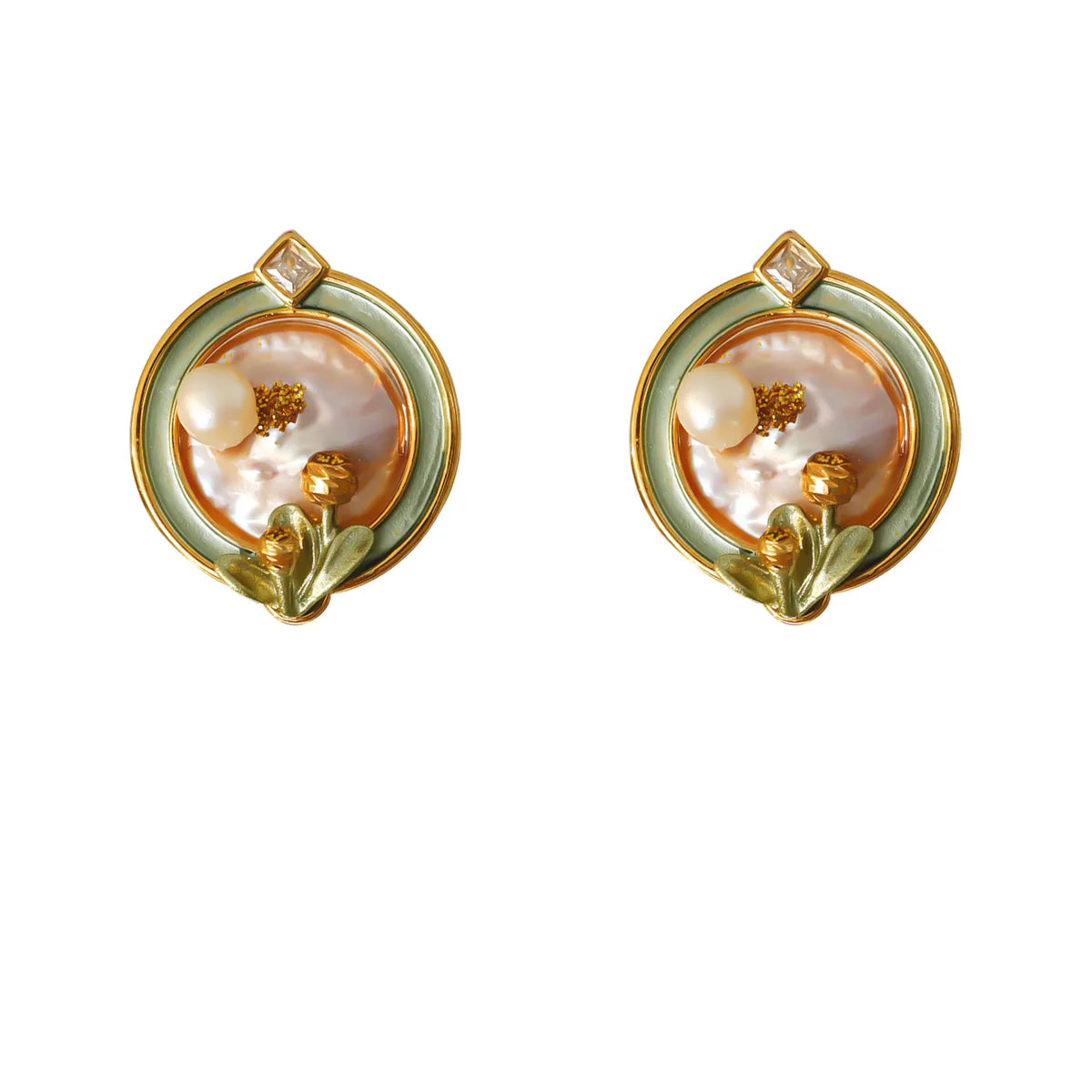 1 Pair Simple Style Commute Flower Plating Inlay Copper Freshwater Pearl Copper Zircon 18K Gold Plated Ear Studs