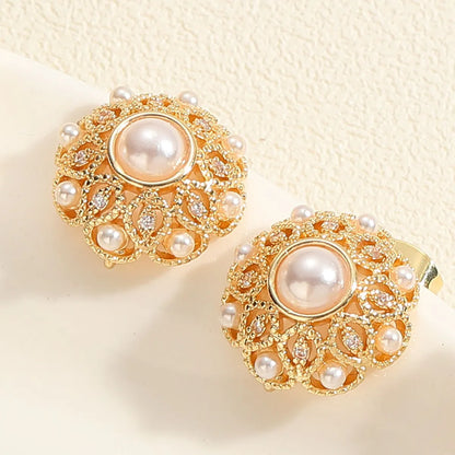 1 Pair Simple Style Commute Flower Plating Inlay Copper Pearl Zircon 14k Gold Plated Drop Earrings