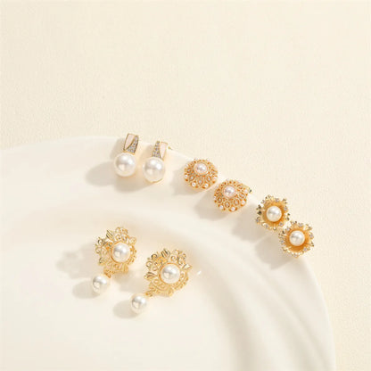 1 Pair Simple Style Commute Flower Plating Inlay Copper Pearl Zircon 14k Gold Plated Drop Earrings