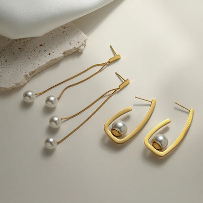 1 Pair Simple Style Commute Geometric Plating Inlay Titanium Steel Artificial Pearls 18k Gold Plated Earrings