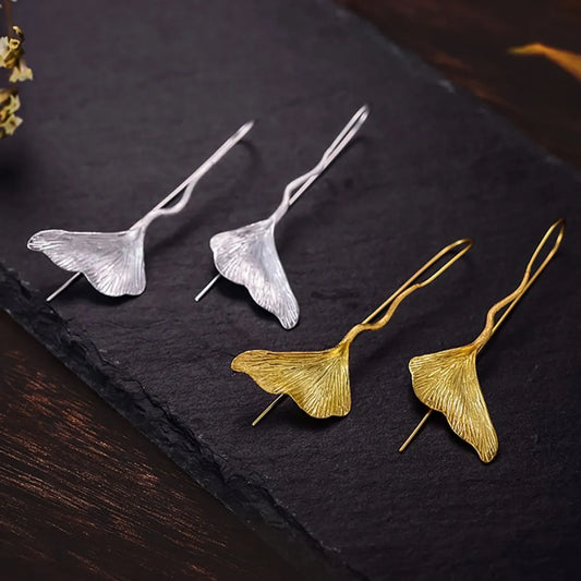 1 Pair Simple Style Commute Ginkgo Leaf Plating Sterling Silver Gold Plated Drop Earrings