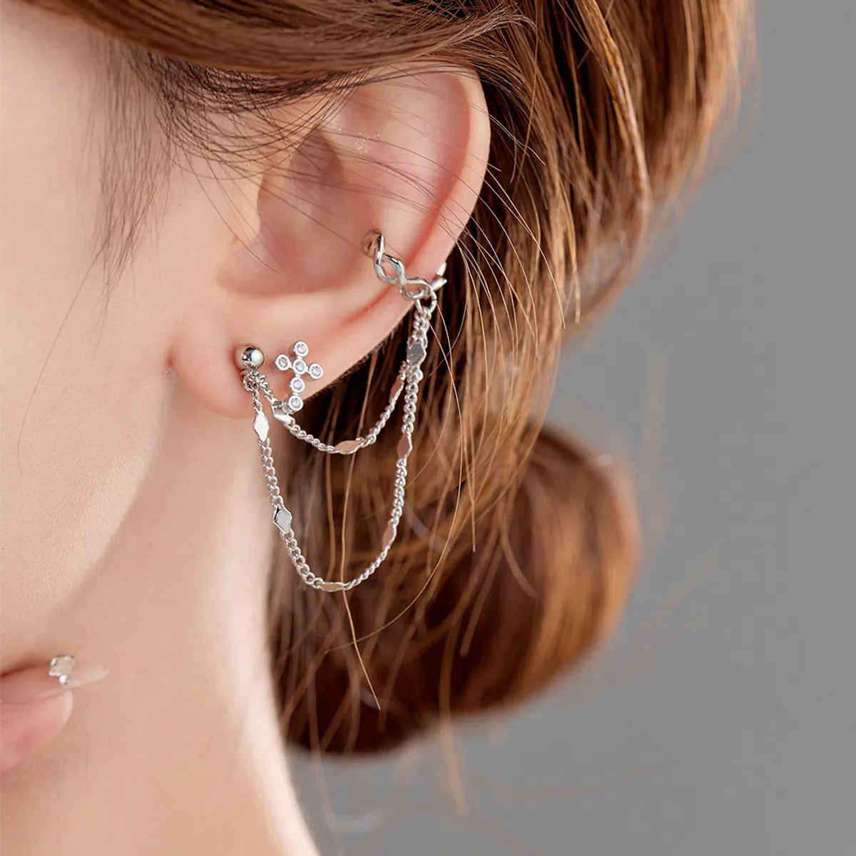 1 Pair Simple Style Commute Heart Shape Butterfly Asymmetrical Chain Inlay Copper Zircon Ear Cuffs Ear Studs