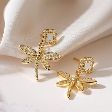 1 Pair Simple Style Commute Heart Shape Dragonfly Plating Inlay Copper Zircon 18k Gold Plated Drop Earrings