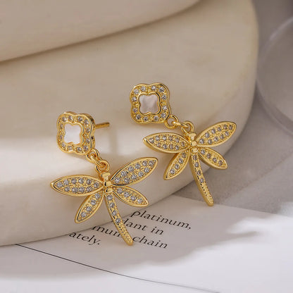 1 Pair Simple Style Commute Heart Shape Dragonfly Plating Inlay Copper Zircon 18k Gold Plated Drop Earrings