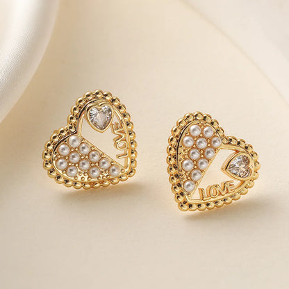 1 Pair Simple Style Commute Heart Shape Inlay Copper Artificial Pearls Zircon Ear Studs