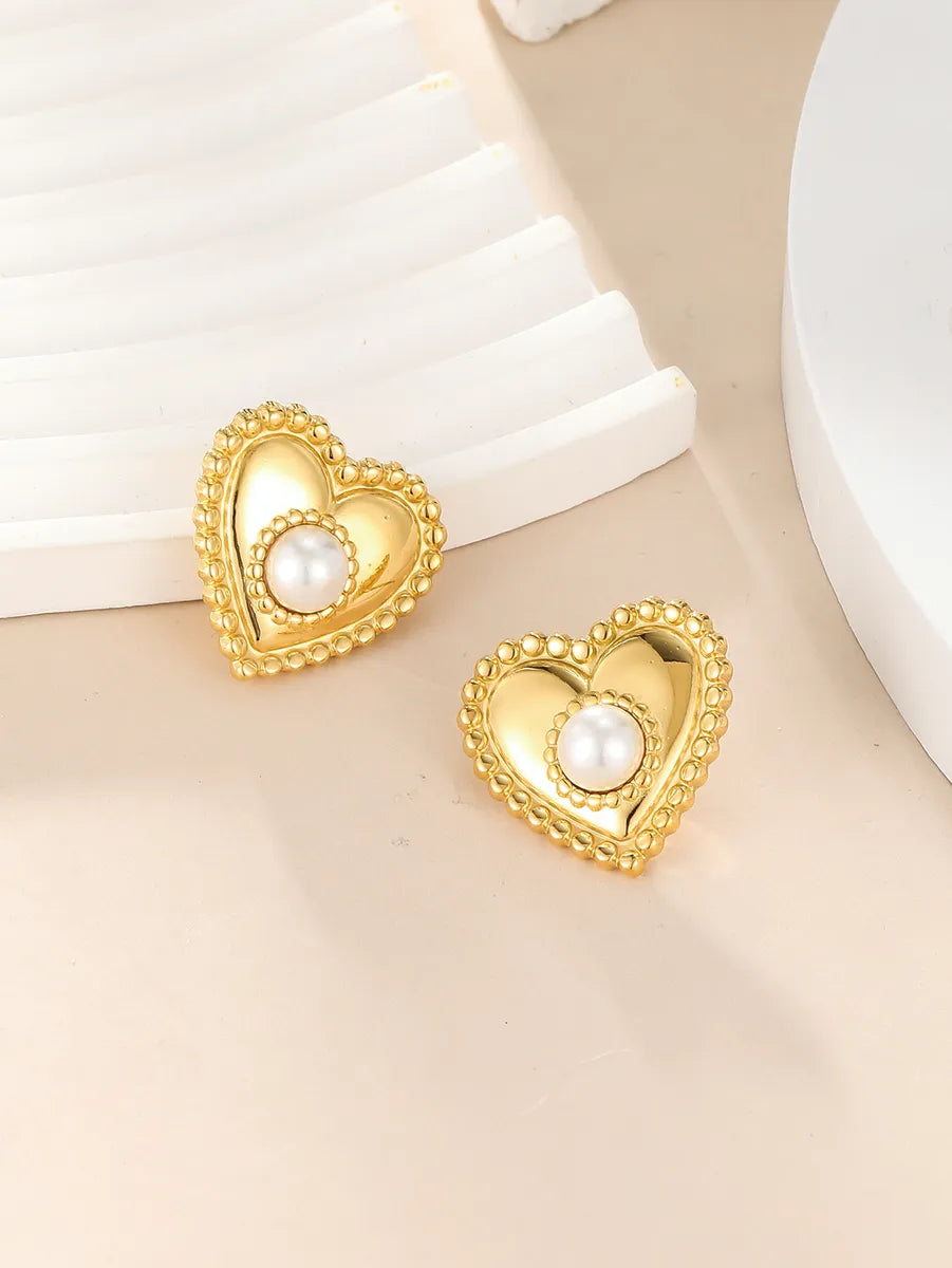 1 Pair Simple Style Commute Heart Shape Plating Inlay 304 Stainless Steel Pearl 14K Gold Plated Ear Studs