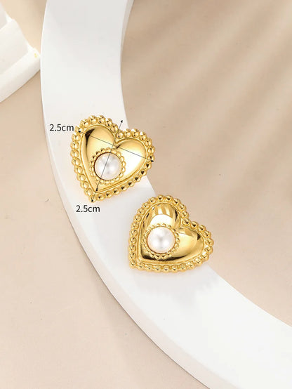 1 Pair Simple Style Commute Heart Shape Plating Inlay 304 Stainless Steel Pearl 14K Gold Plated Ear Studs