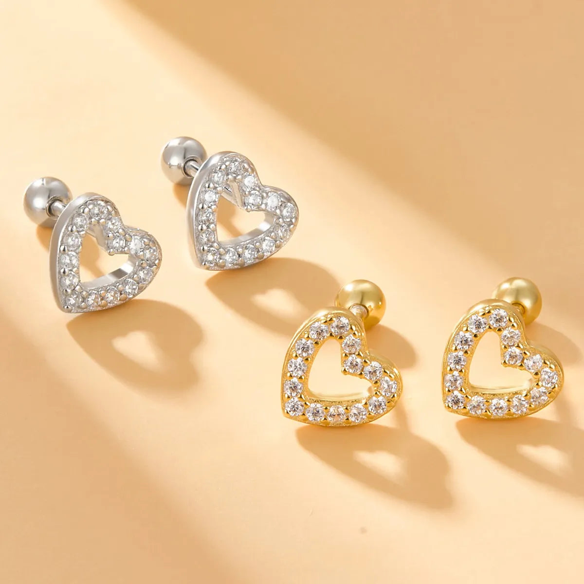 1 Pair Simple Style Commute Heart Shape Plating Inlay Sterling Silver Zircon 18k Gold Plated White Gold Plated Ear Studs