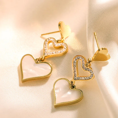 1 Pair Simple Style Commute Heart Shape Plating Inlay Titanium Steel Zircon 18k Gold Plated Drop Earrings